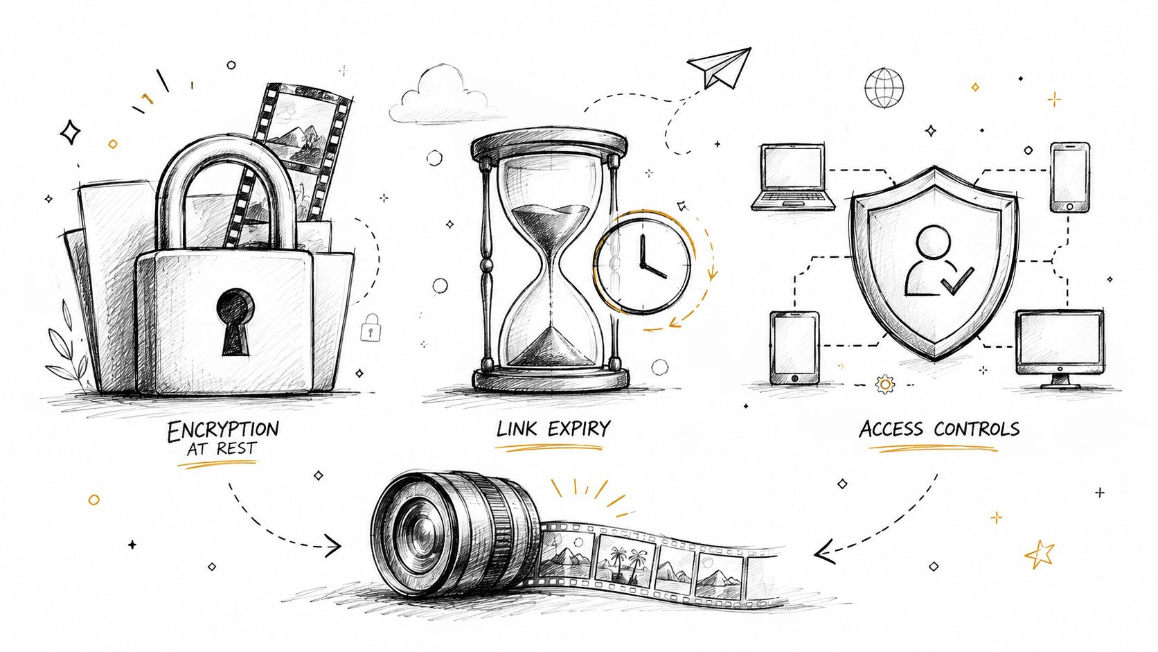 Hand-drawn sketch illustrating data security concepts including encryption at rest, link expiry, and access controls for files.
