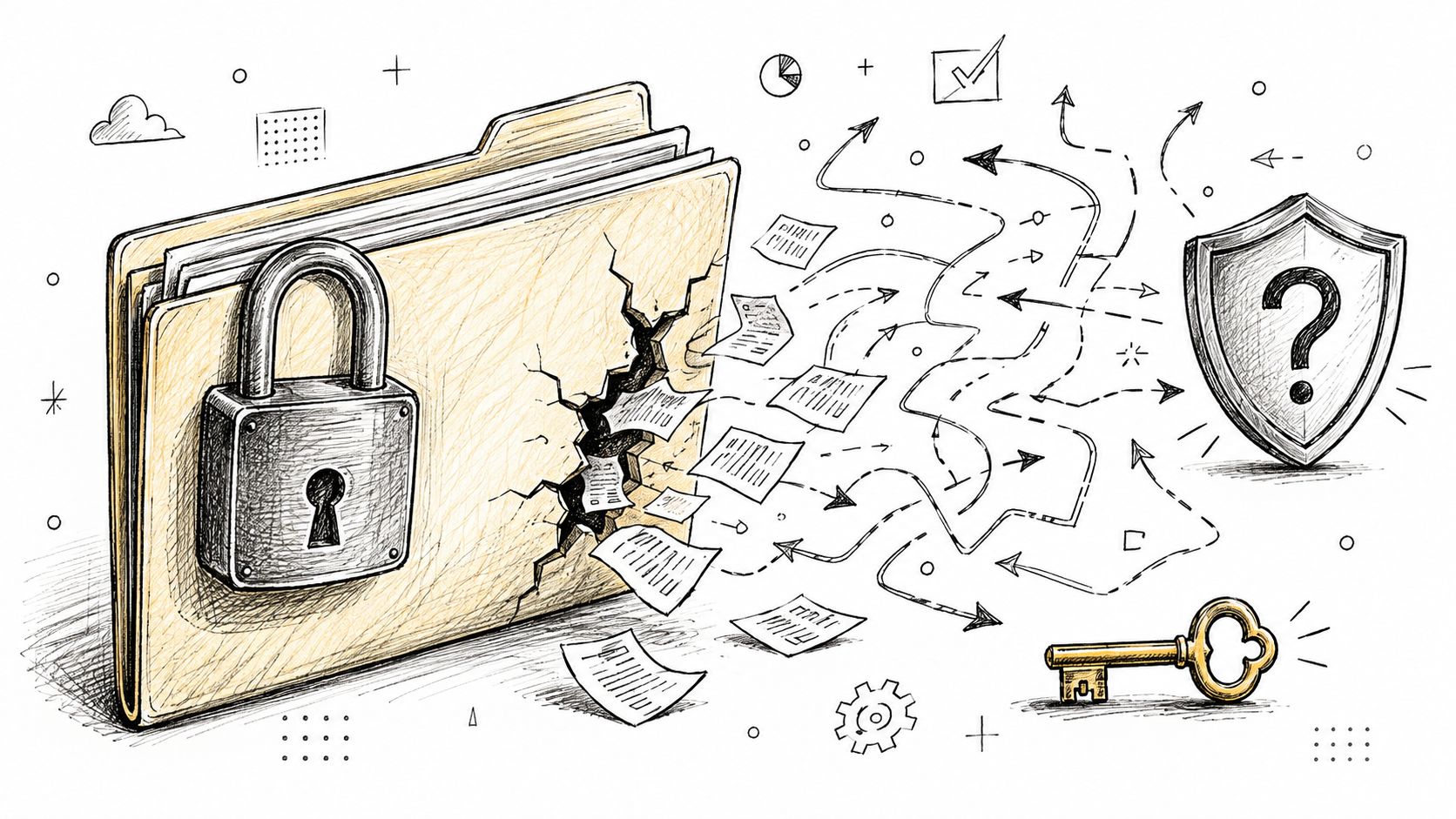 A folder with a lock, cracked open to release documents towards a shield and a key.