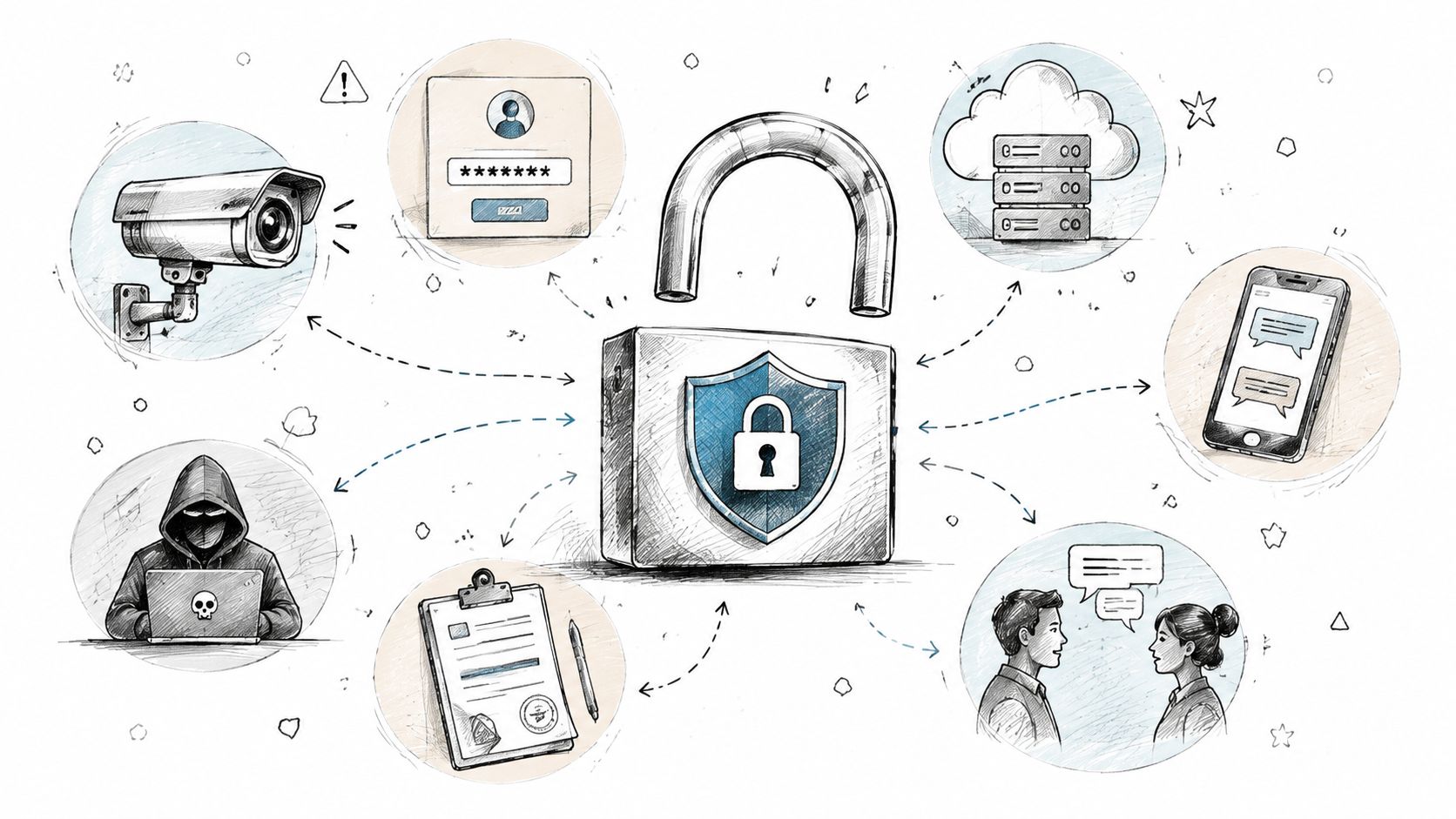 A hand-drawn illustration showing a central digital padlock surrounded by cybersecurity icons like surveillance, servers, and encryption.
