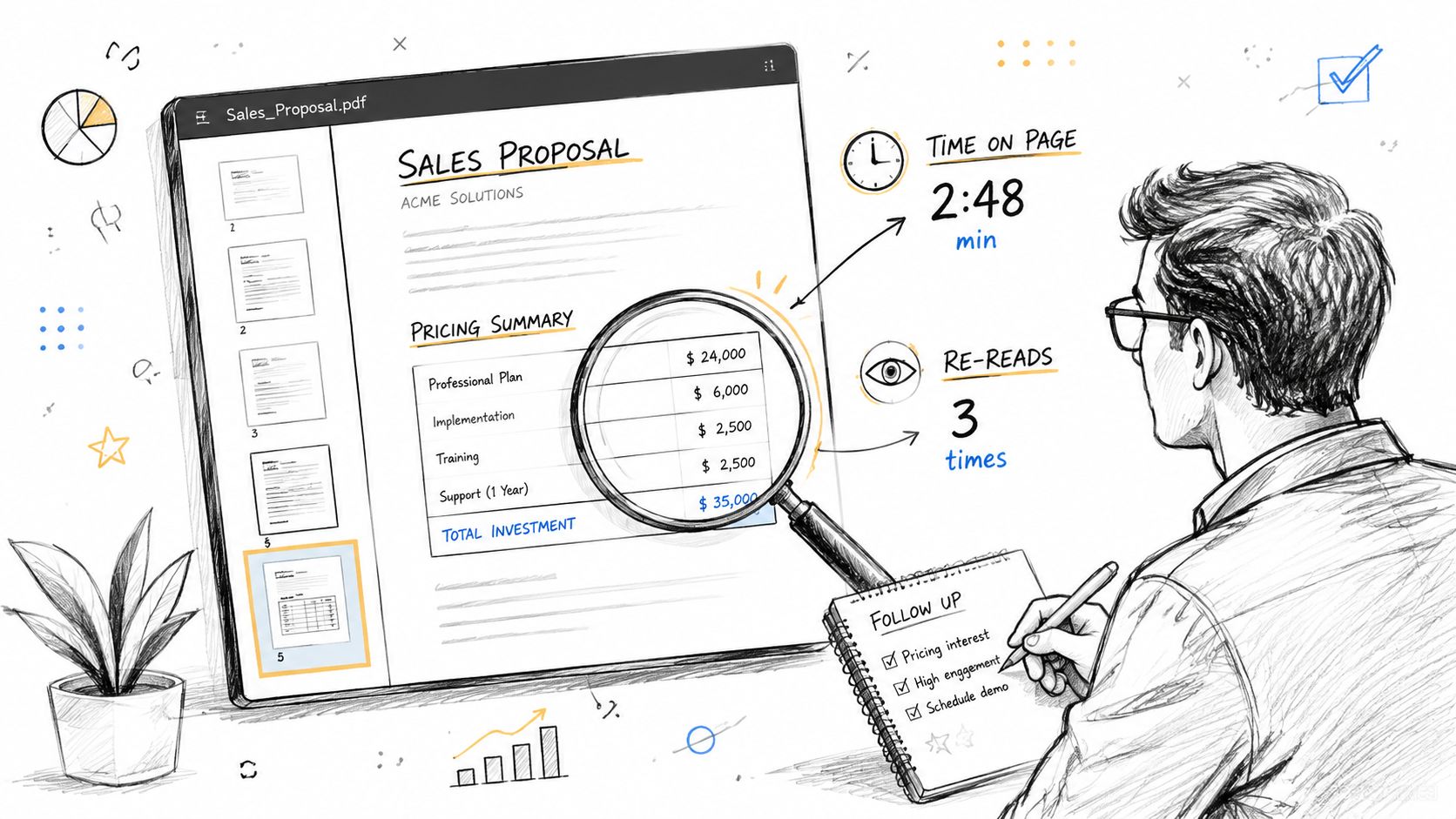 A professional analysing a digital sales proposal on a screen while taking notes on a notepad.