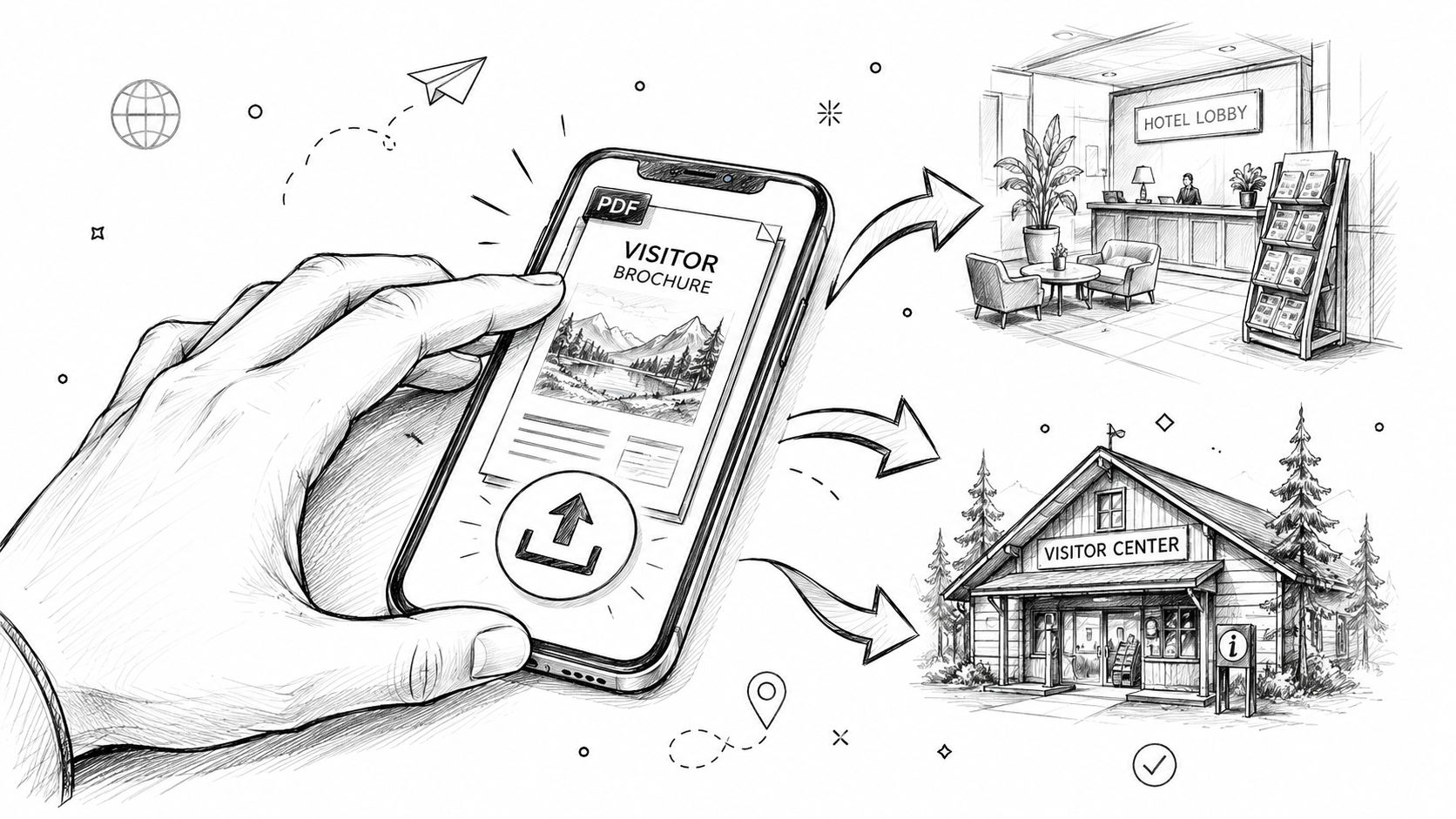A hand holding a smartphone displaying a digital visitor brochure PDF with arrows pointing towards hotel and travel locations.