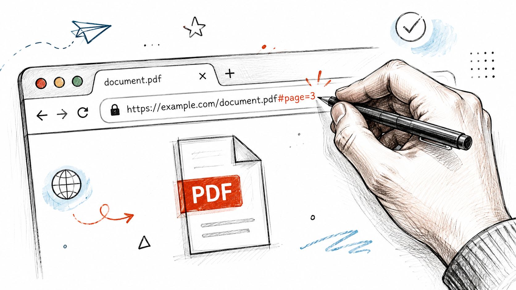 A hand writes a URL with a page parameter into a browser address bar above a PDF icon.