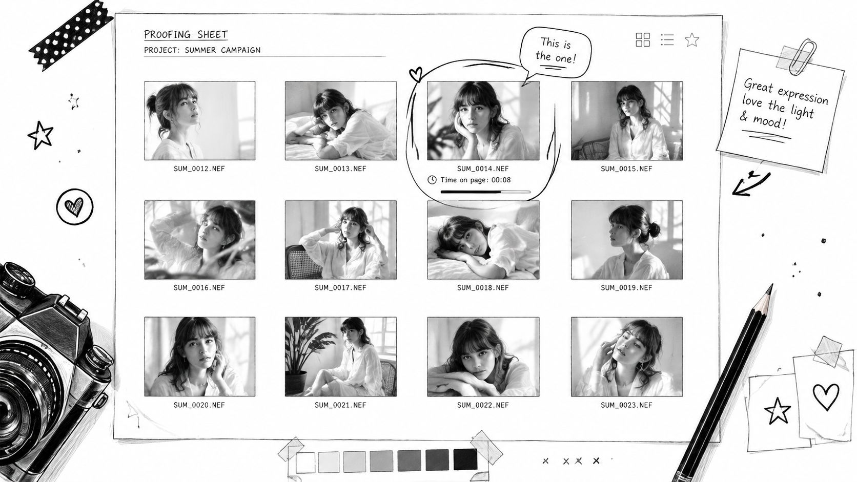 A creative proofing sheet layout displaying a gallery of portrait photographs from a summer photo shoot project.