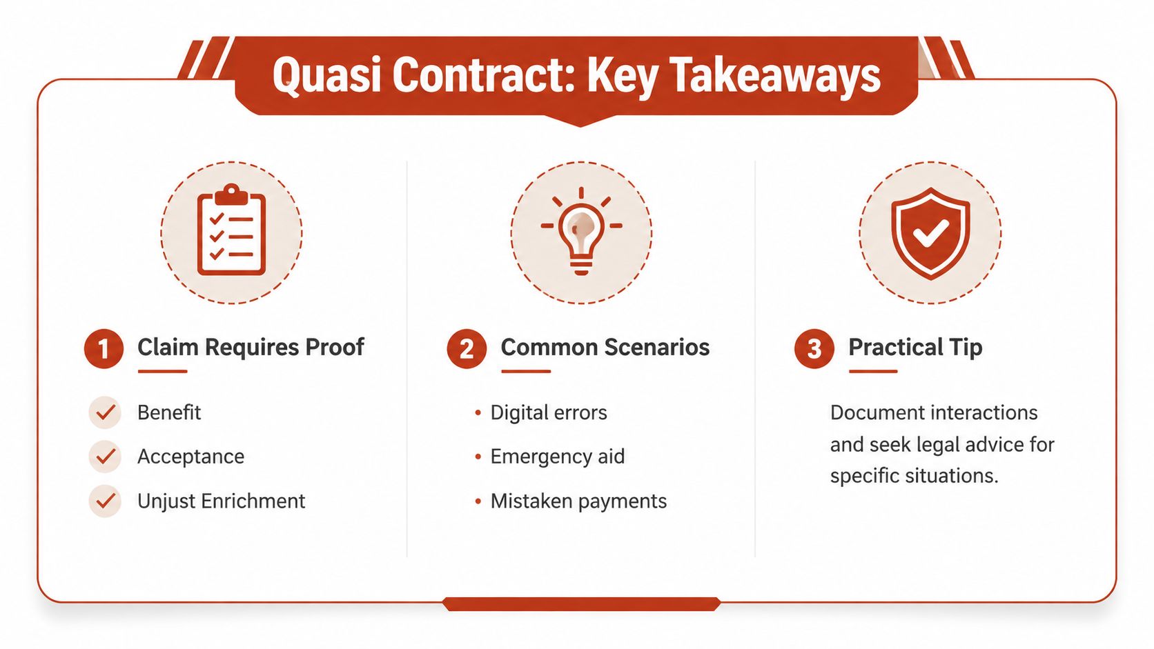 An infographic titled Quasi Contract Key Takeaways, outlining requirements, common scenarios, and practical advice for legal understanding.