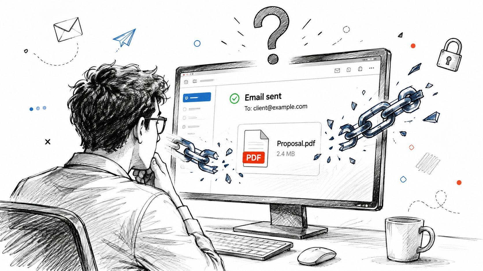 A person looking at a computer screen showing an email with a broken chain representing secure link sharing.