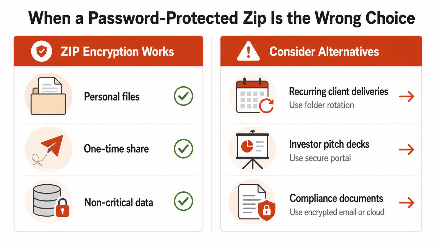 An infographic comparing when to use password-protected zip files versus more secure alternatives for business data.