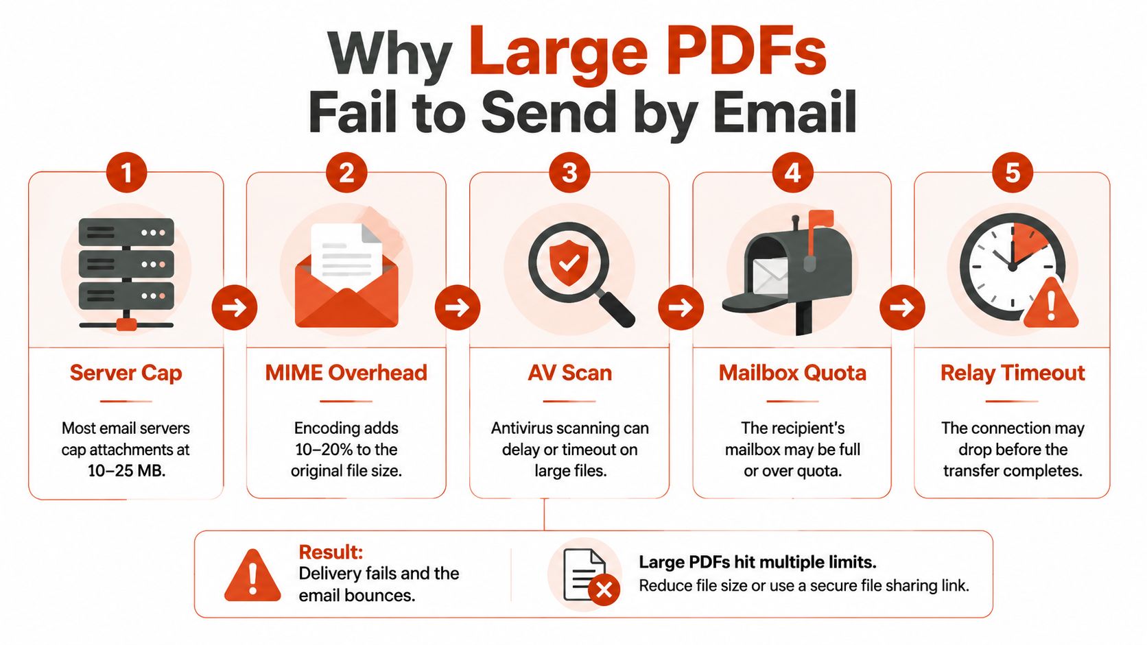 An infographic explaining five technical reasons why sending large PDF files via email often results in delivery failure.