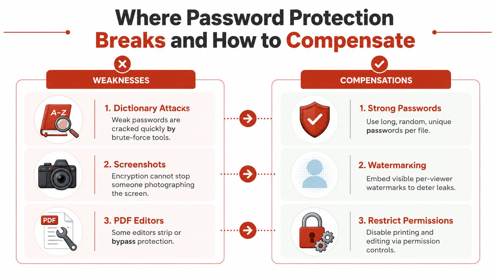 An infographic showing common password protection weaknesses and corresponding security compensations to protect sensitive PDF files.