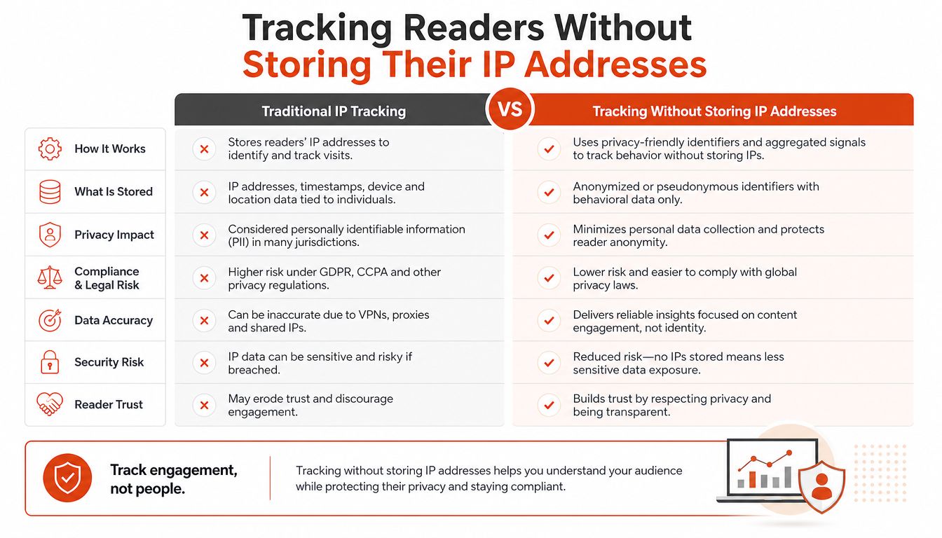 A comparison chart showing the benefits of tracking reader engagement without storing IP addresses versus traditional tracking methods.