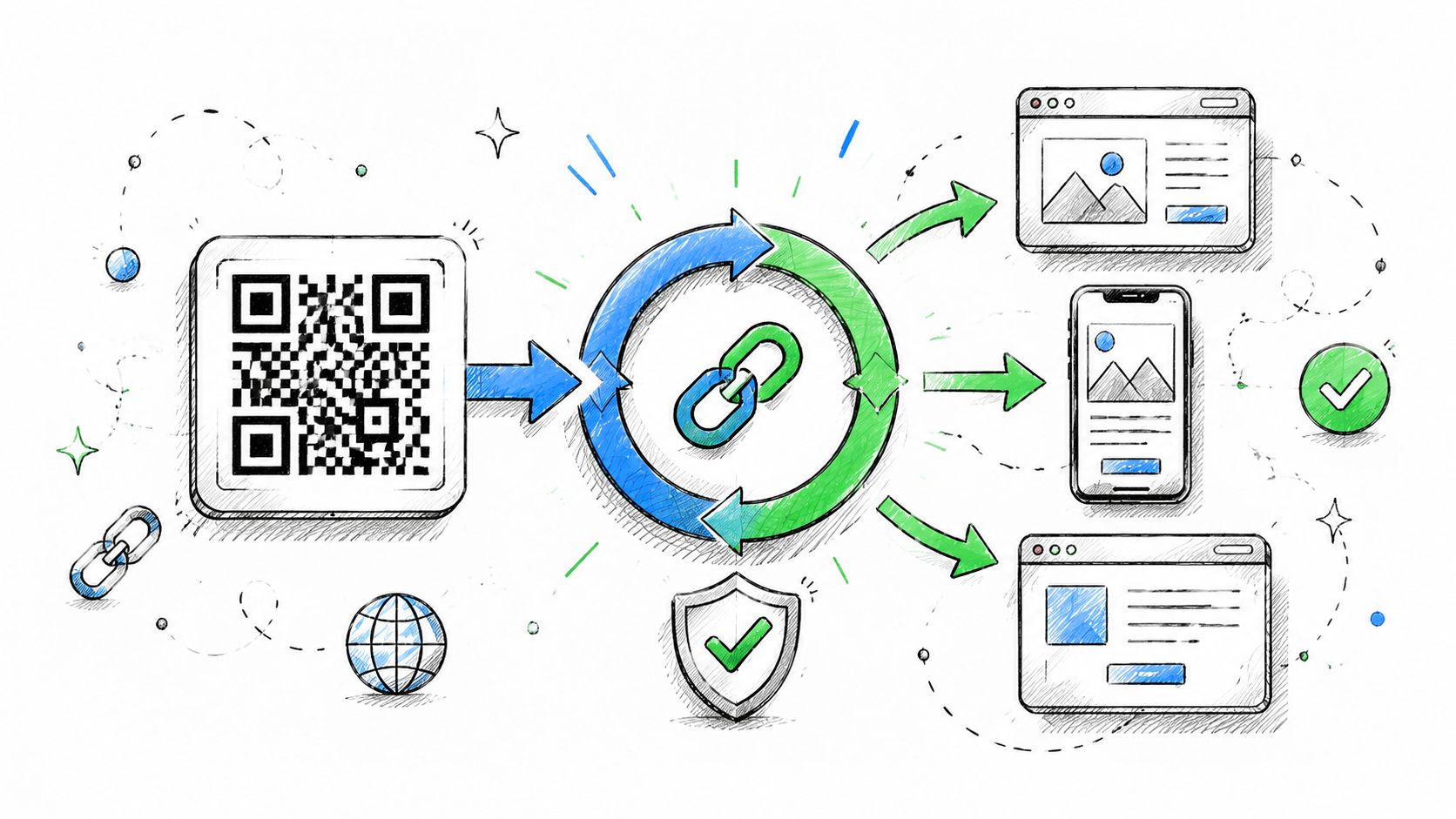 A digital illustration showing a QR code leading into a link symbol, connecting to multiple device screens.